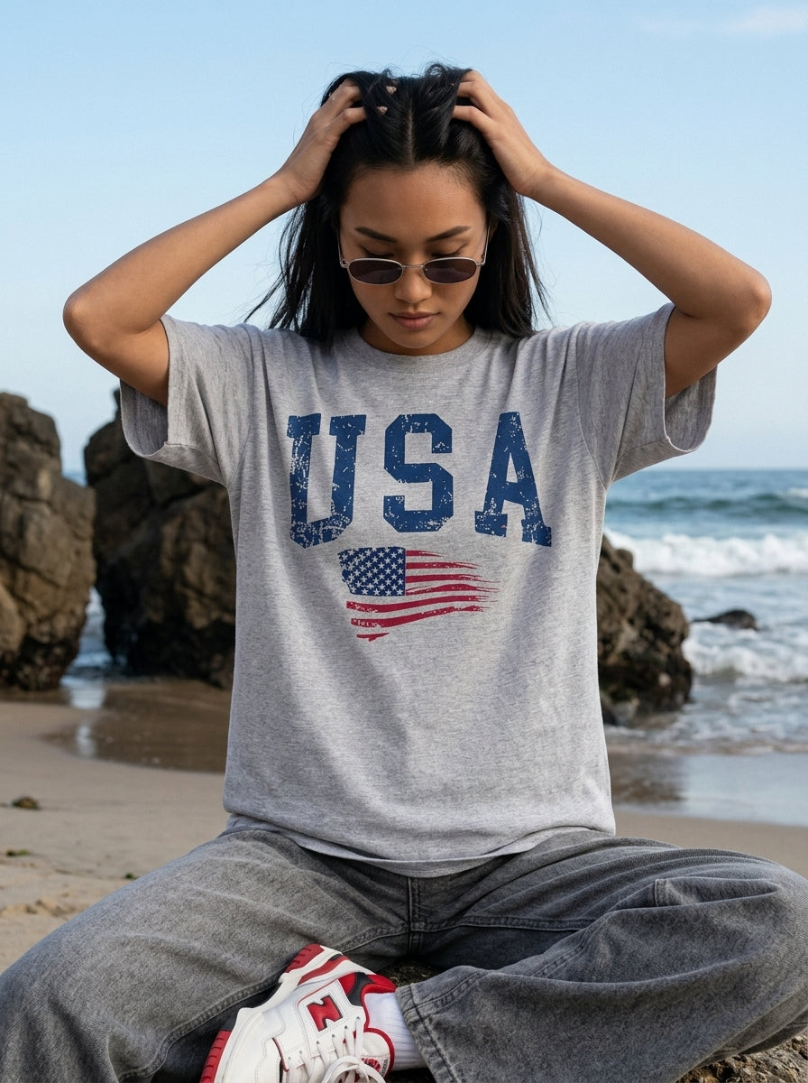 Grey Melange Printed Cotton Oversized T-Shirt for Women