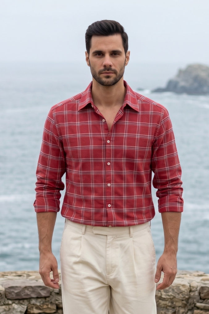 Bright Red Plaid Check Shirt for Men