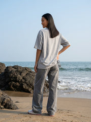Grey Melange Printed Cotton Oversized T-Shirt for Women