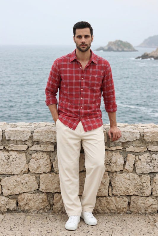 Bright Red Plaid Check Shirt for Men
