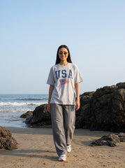Grey Melange Printed Cotton Oversized T-Shirt for Women
