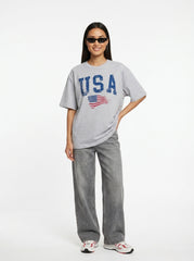 Grey Melange Printed Cotton Oversized T-Shirt for Women