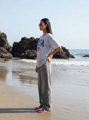 Grey Melange Printed Cotton Oversized T-Shirt for Women