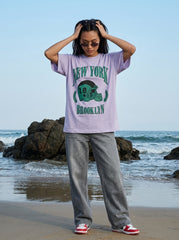 Purple Printed Cotton Oversized T-Shirt for Women