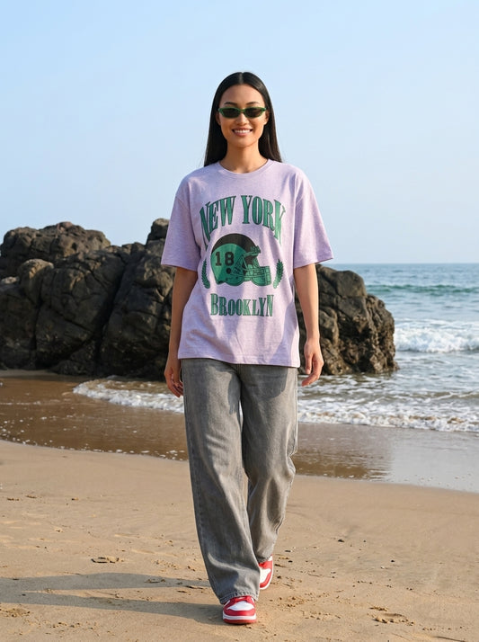 Purple Printed Cotton Oversized T-Shirt for Women