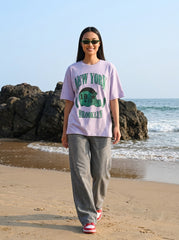 Purple Printed Cotton Oversized T-Shirt for Women