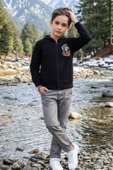 Black Printed Zipper Hoodie for Kids