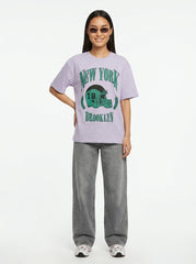 Purple Printed Cotton Oversized T-Shirt for Women