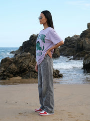 Purple Printed Cotton Oversized T-Shirt for Women