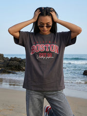 Coffee Brown Printed Cotton Oversized T-Shirt for Women