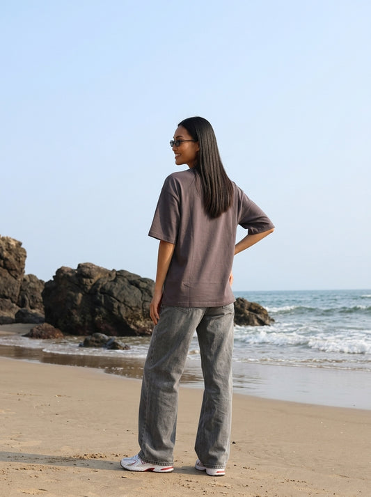 Coffee Brown Printed Cotton Oversized T-Shirt for Women