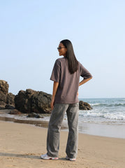 Coffee Brown Printed Cotton Oversized T-Shirt for Women