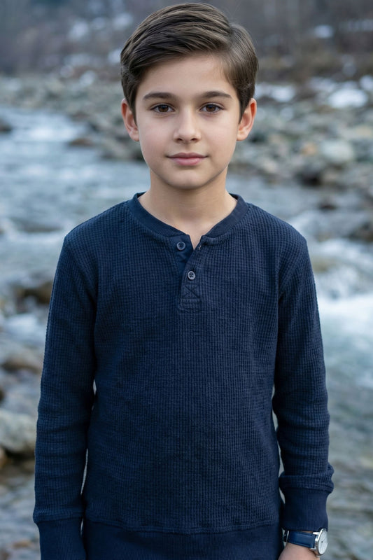 Navy Waffle Knit Henley T-Shirt for Kids