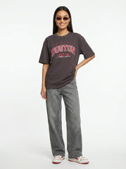 Coffee Brown Printed Cotton Oversized T-Shirt for Women