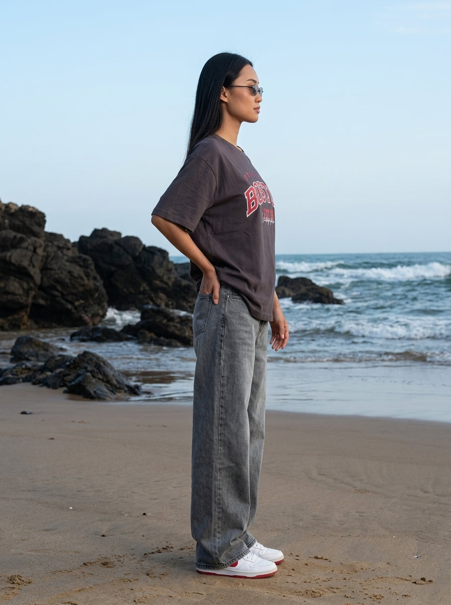 Coffee Brown Printed Cotton Oversized T-Shirt for Women