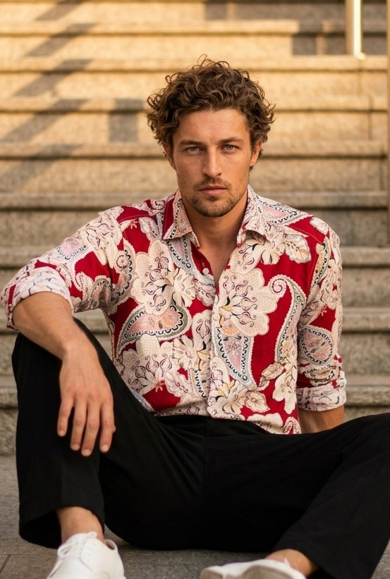 Red Rose Paisley Printed T-shirt for Men
