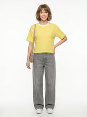 Yellow & White Thin Striped Crop T-Shirt for Women