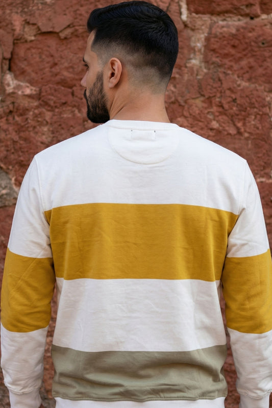 Ecru & Mustard Striped Crew Neck Sweatshirt for Men