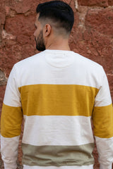 Ecru & Mustard Striped Crew Neck Sweatshirt for Men