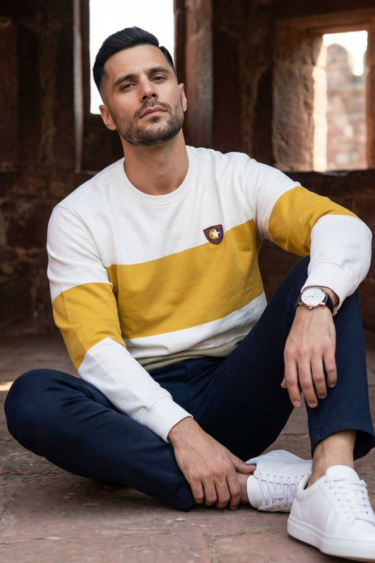 Ecru & Mustard Striped Crew Neck Sweatshirt for Men