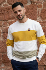 Ecru & Mustard Striped Crew Neck Sweatshirt for Men