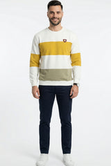 Ecru & Mustard Striped Crew Neck Sweatshirt for Men