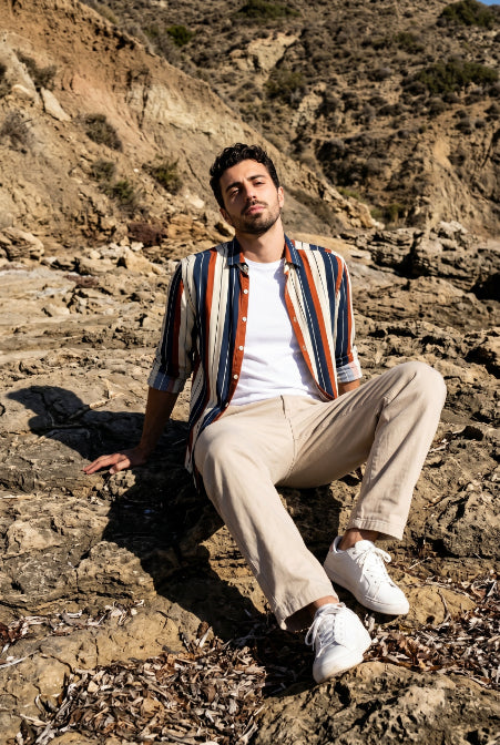 Ecru, Wine & Navy Striped Shirt for Men