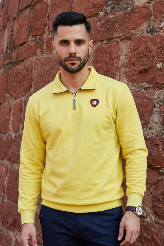 Yellow Mock Neck Zipper Sweatshirt for Men