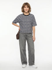Charcoal & White Striped Crop T-Shirt for Women