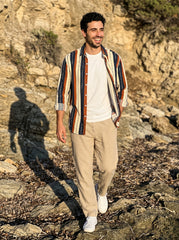 Ecru, Wine & Navy Striped Shirt for Men