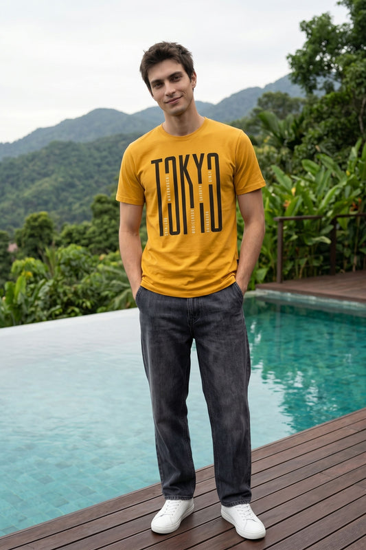 Mustard Chest Printed T-Shirt for Men