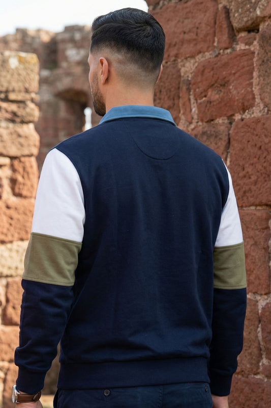Navy Cut-N-Sew Rugby Polo Sweatshirt for Men