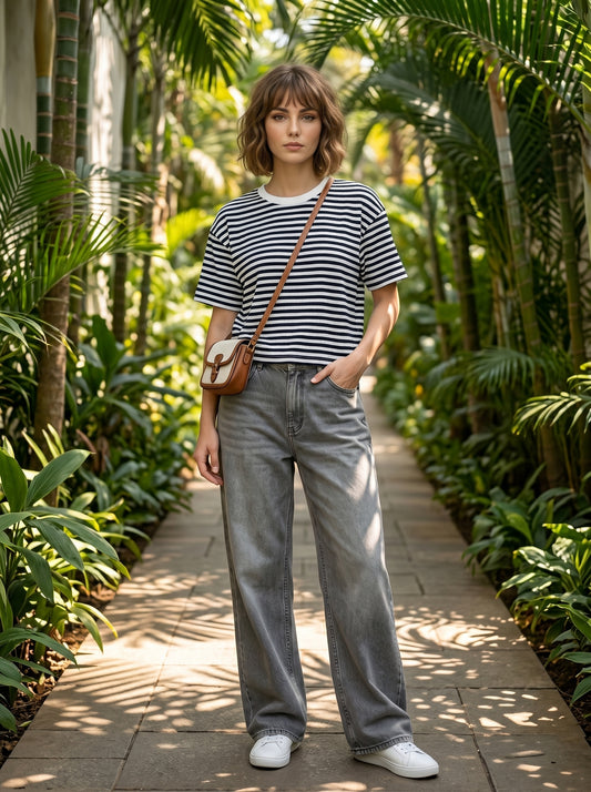 Navy & White Striped Crop T-Shirt for Women