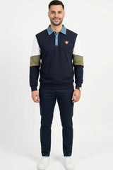 Navy Cut-N-Sew Rugby Polo Sweatshirt for Men
