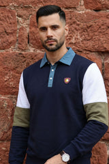 Navy Cut-N-Sew Rugby Polo Sweatshirt for Men