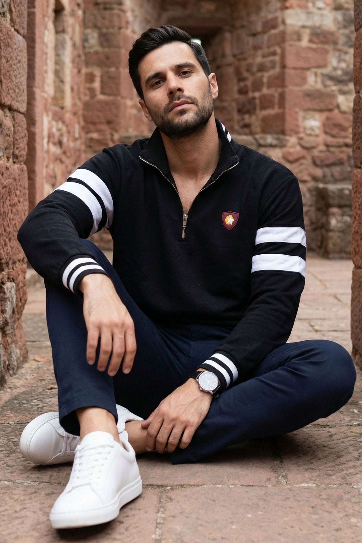 Black Mock Neck Zipper Sweatshirt for Men
