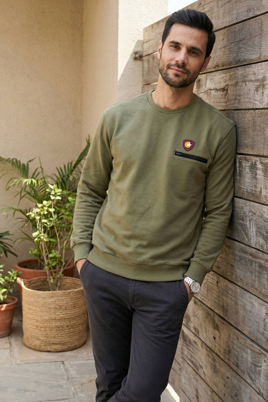 Army Green Crew Neck Sweatshirt for Men