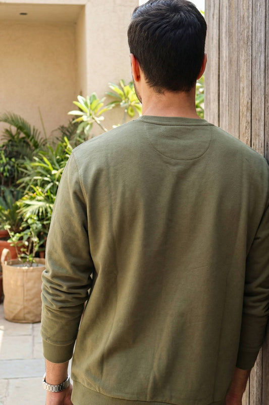 Army Green Crew Neck Sweatshirt for Men