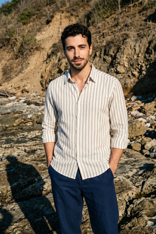 Camel & White Striped Shirt for Men