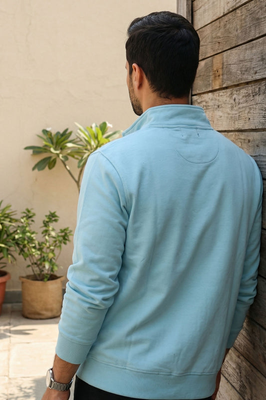 Light Blue Mock Neck Zipper Sweatshirt for Men