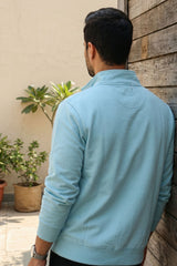 Light Blue Mock Neck Zipper Sweatshirt for Men