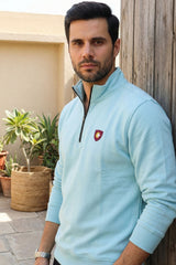 Light Blue Mock Neck Zipper Sweatshirt for Men