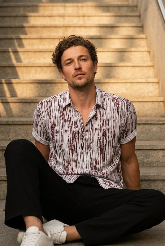 Maroon & Ecru Printed Short Sleeve Shirt for Men