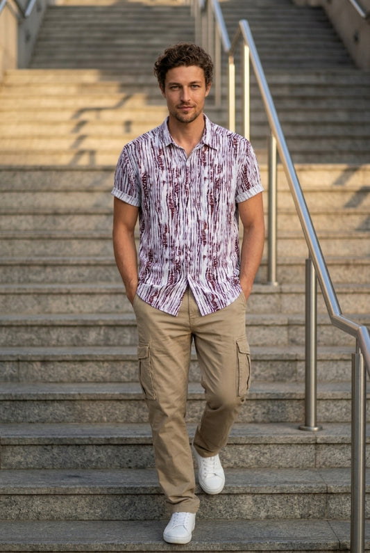 Maroon & Ecru Printed Short Sleeve Shirt for Men