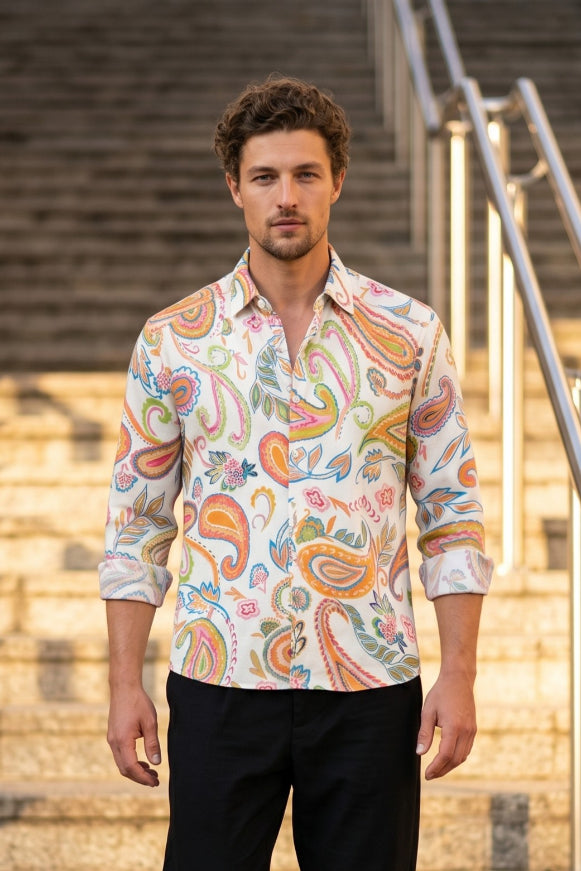 Orange Paisley Printed Shirt for Men