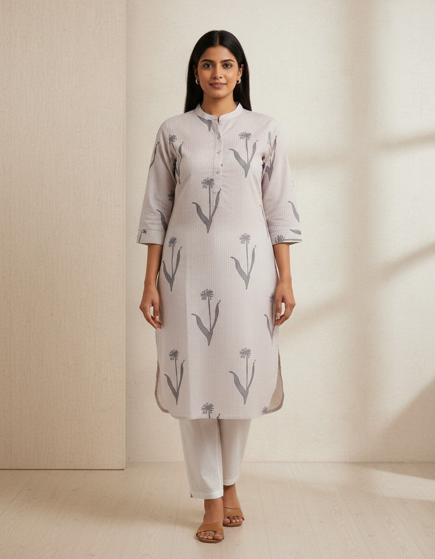 Ecru Printed Kurta Set for Women
