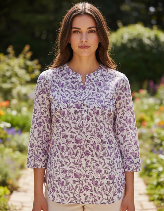 Lapis Blue Printed Quarter Sleeve Top for Women