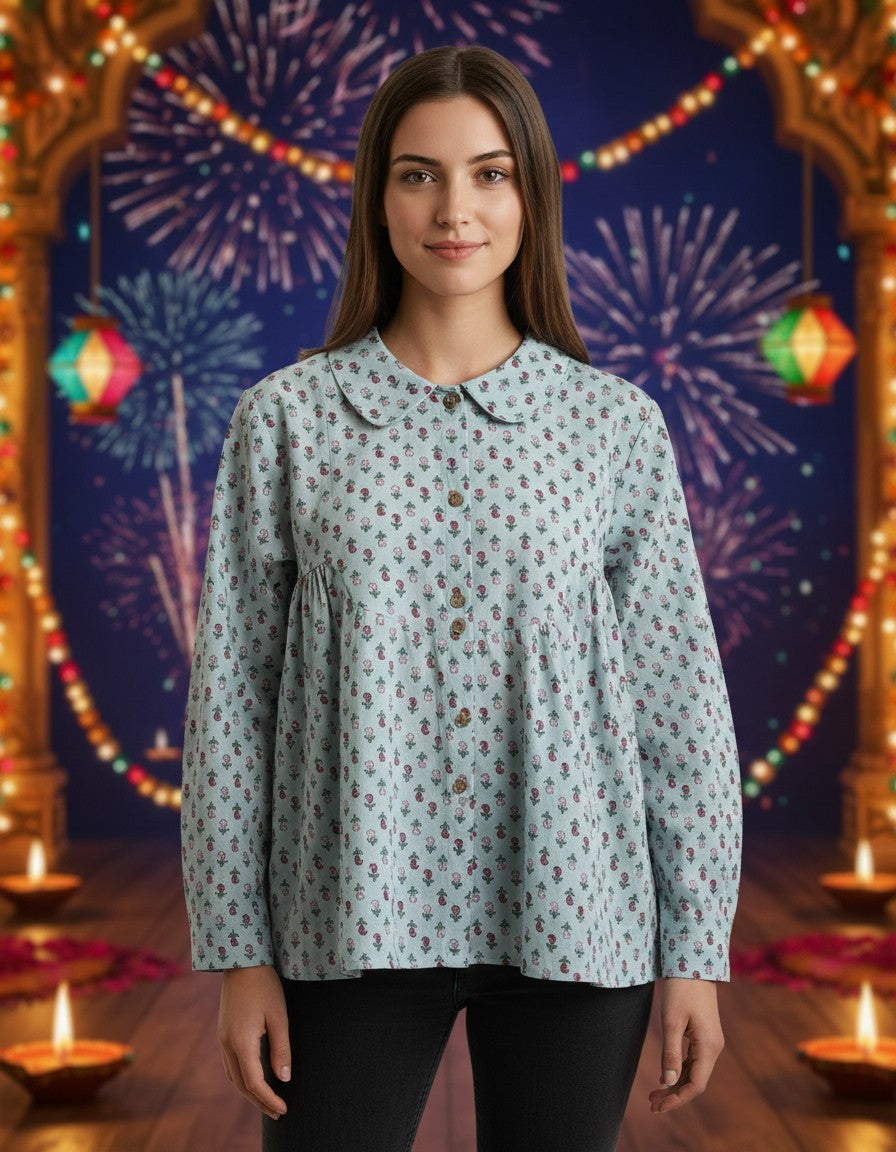Pastel Green Printed Blouse for Women
