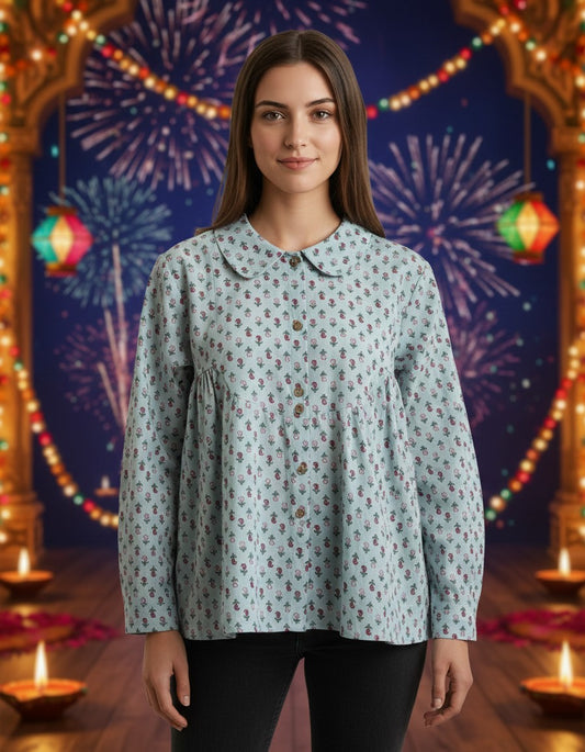 Pastel Green Printed Blouse for Women