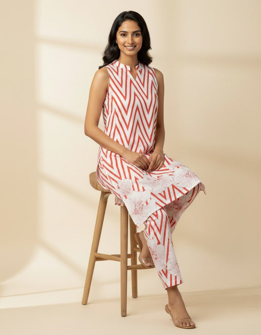 White Printed Kurta Set for Women